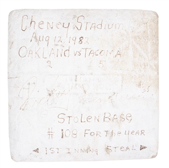 Rickey Henderson Signed Base from August 12, 1982 Tacoma Tigers Vs Oakland As Exhibition Game for his Unofficial 108th Stolen Base of 1982 (JSA)